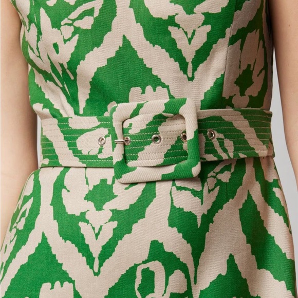 Green and Tan Linen Blend Belted Midi Dress - Picture 2 of 12